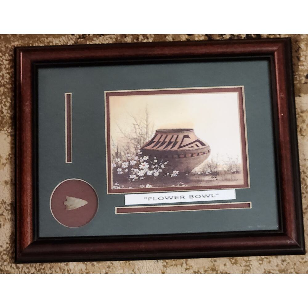 Native American Real Arrow Head and Matted Painting Framed Flower Bowls - Picture 2 of 7